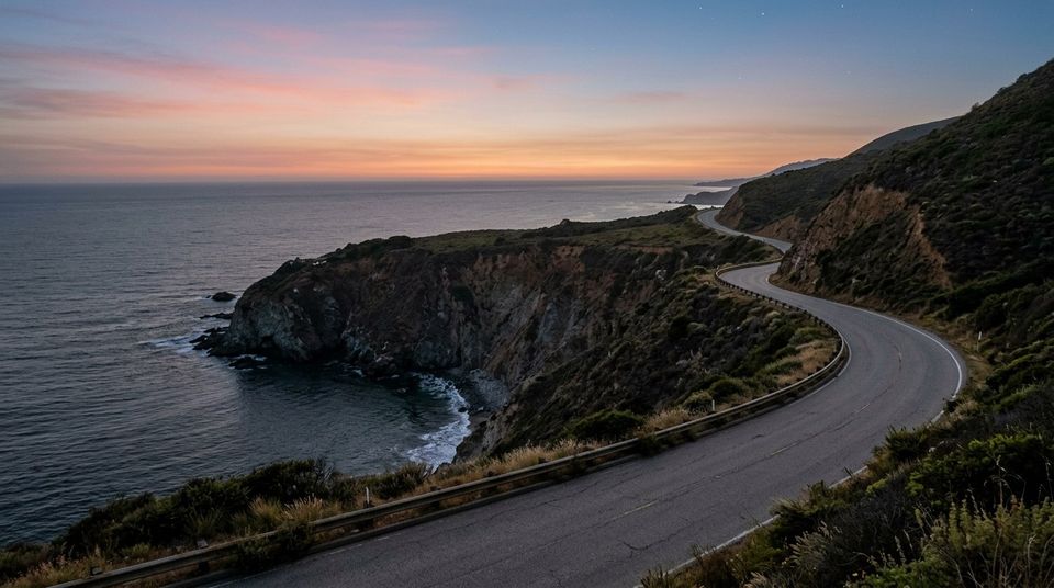A coastal road at dusk