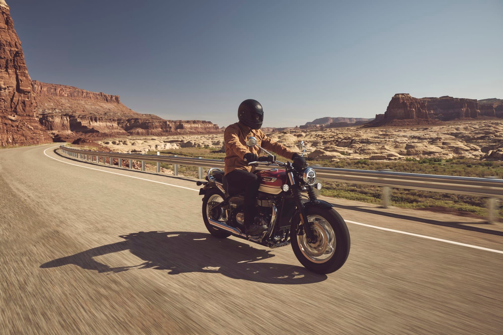 A Bonneville Speedmaster on a desert road, photographed by Triumph