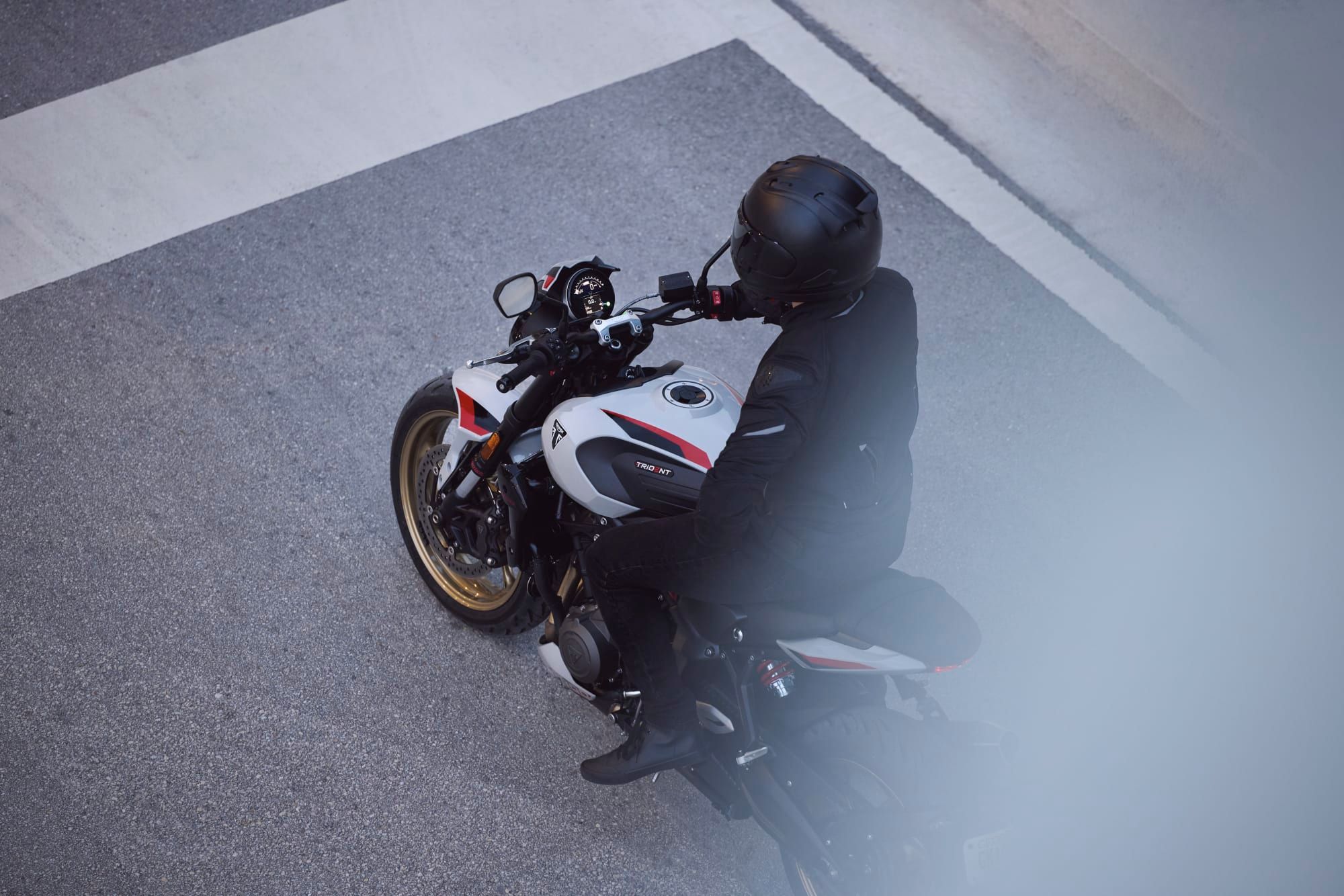 A Trident 800 on the road, photographed by Triumph from above