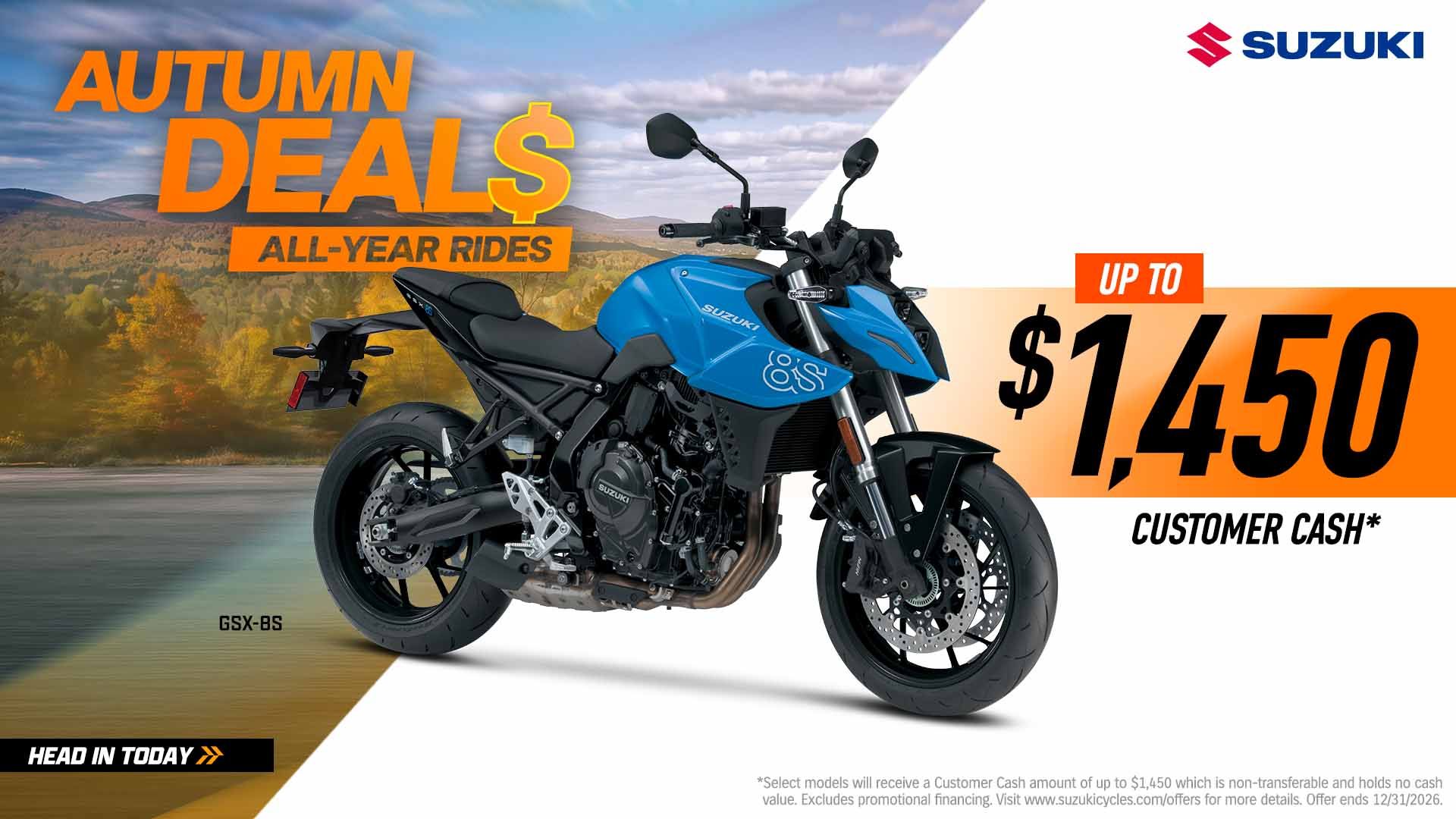 Suzuki Autumn Deals: GSX-8S, up to $1,450 customer cash.