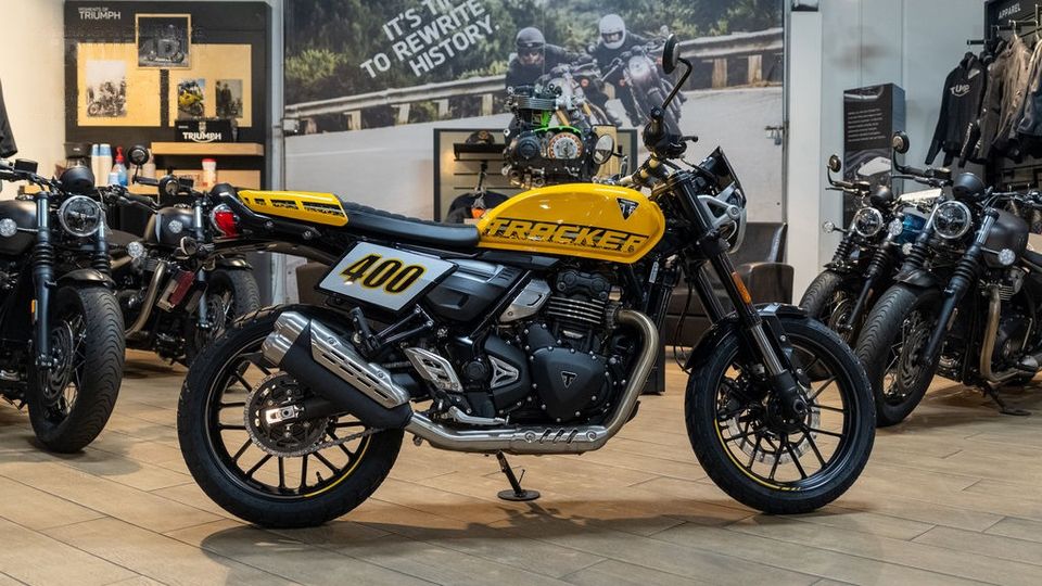 A pre-owned Triumph Bonneville T100 in the Southern California Motorcycles showroom