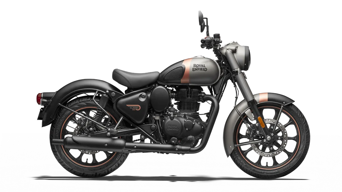 2027 Royal Enfield Classic 350 and 650 in Gun Grey, studio rendering