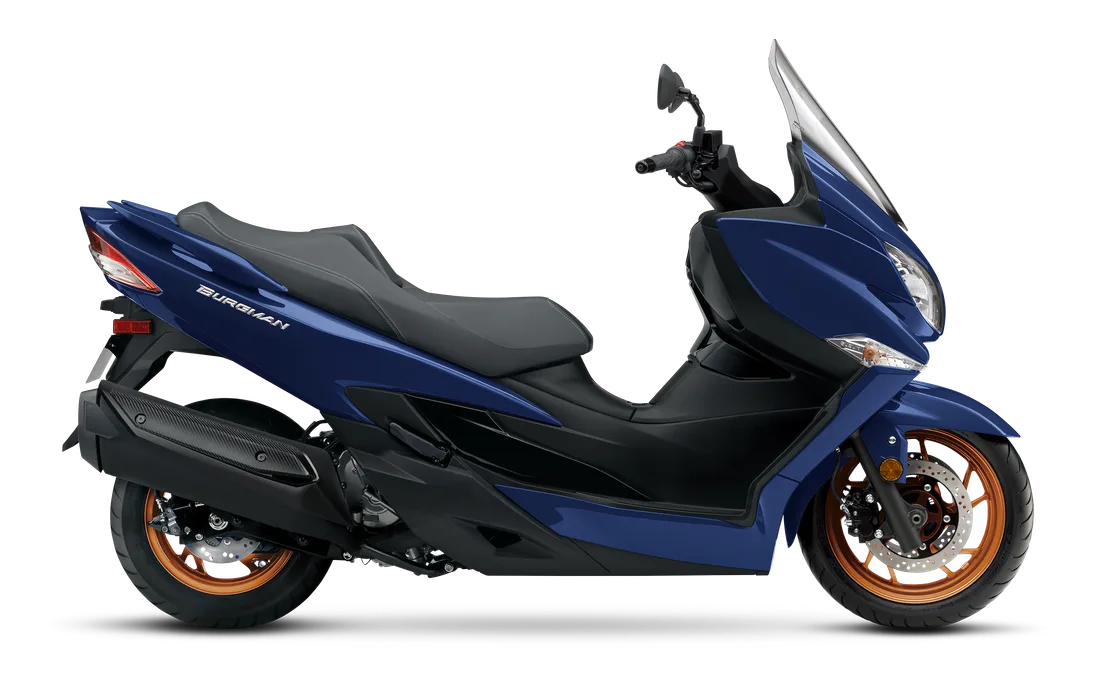 Suzuki Burgman 400 in Metallic Reflective Blue, studio rendering