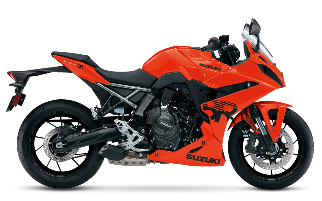 2026 Suzuki GSX-8S, GSX-8R and GSX-8T in Glass Blaze Orange, studio rendering