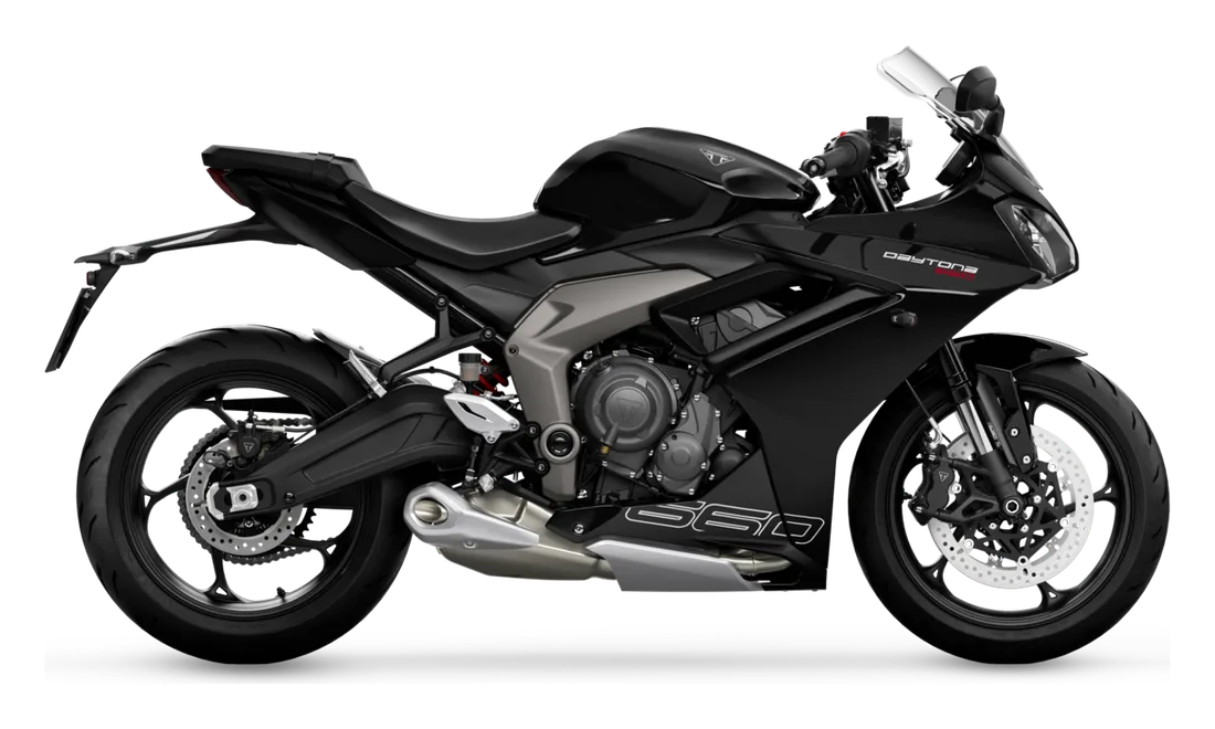 2026 Triumph Daytona 660 in Sapphire Black, studio image by Triumph