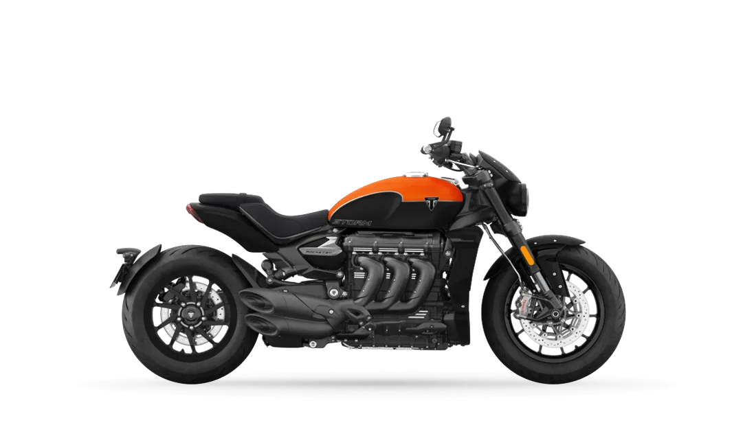 Triumph Rocket 3 in Satin Baja Orange / Matte Sapphire Black, studio rendering