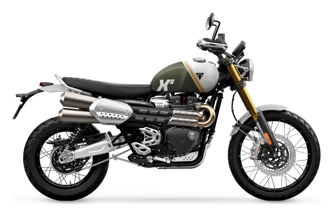 2026 Triumph Scrambler 1200 XE in Matte Khaki Green / Matte Crystal White, studio image by Triumph