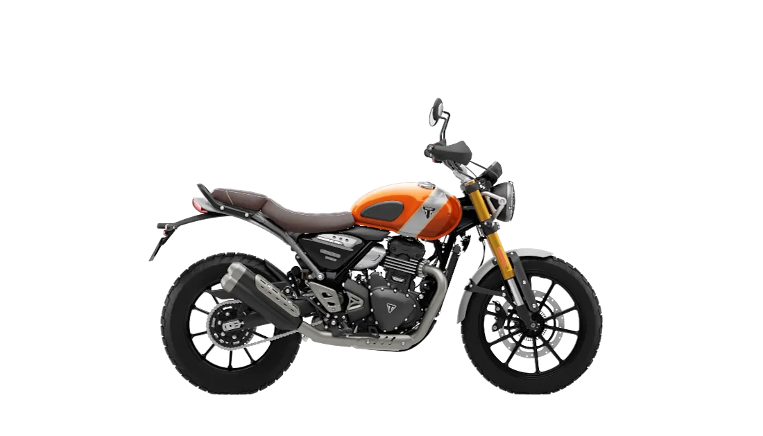Triumph Scrambler 400 X / XC in Baja Orange / Aluminum, studio rendering