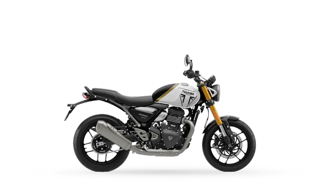 2026 Triumph Speed 400 in Pearl Metallic White / Phantom Black, studio rendering