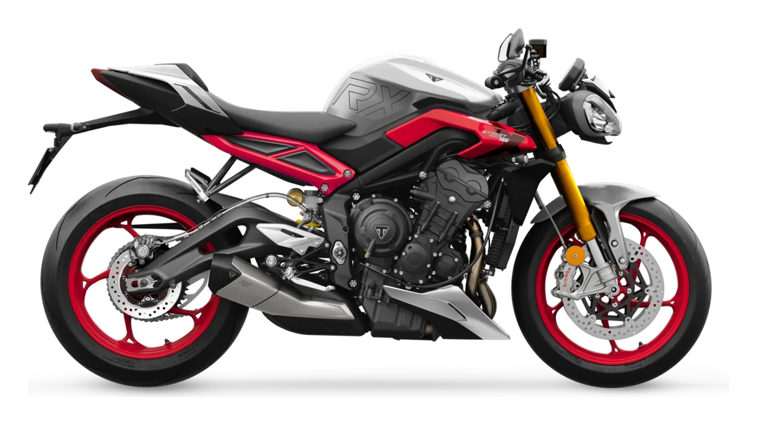 2026 Triumph Street Triple 765 RX in Matte Aluminum, studio image by Triumph