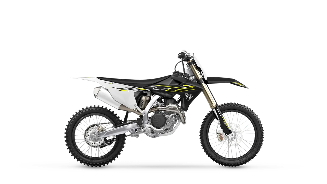 2026 Triumph TF 250 and TF 450 in Jet Black / Pure White, studio rendering